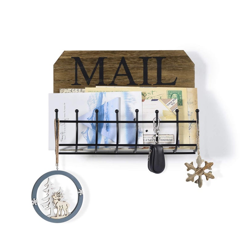 SRIWATANA Rustic Mail Holder Organizer, Key Holder Wall Mount Mail Sorter for Hallway Foyer and Home Decoration - Carbonized Black - Image 1